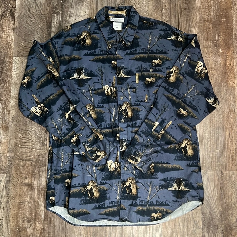 Columbia Sportswear Button-up Flannel Blue Bird Dog Duck Hunting Print - M L